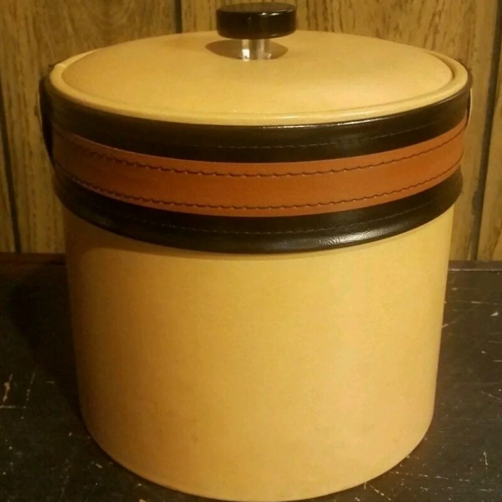 Vintage 1970s Tan and Black Ice Bucket 7 Inches Tall Vinyl Some Scratches